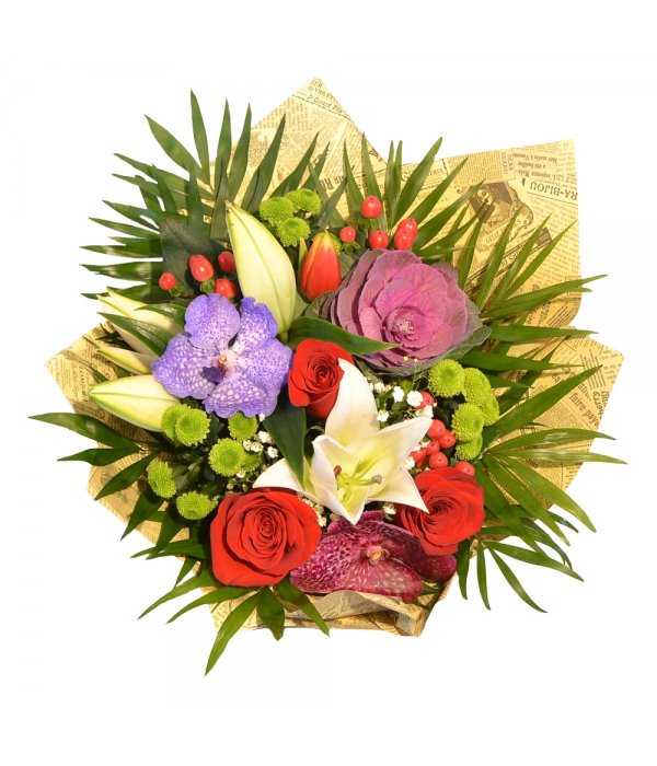 Buchet mixt colorat orhidee, crin, trandafir