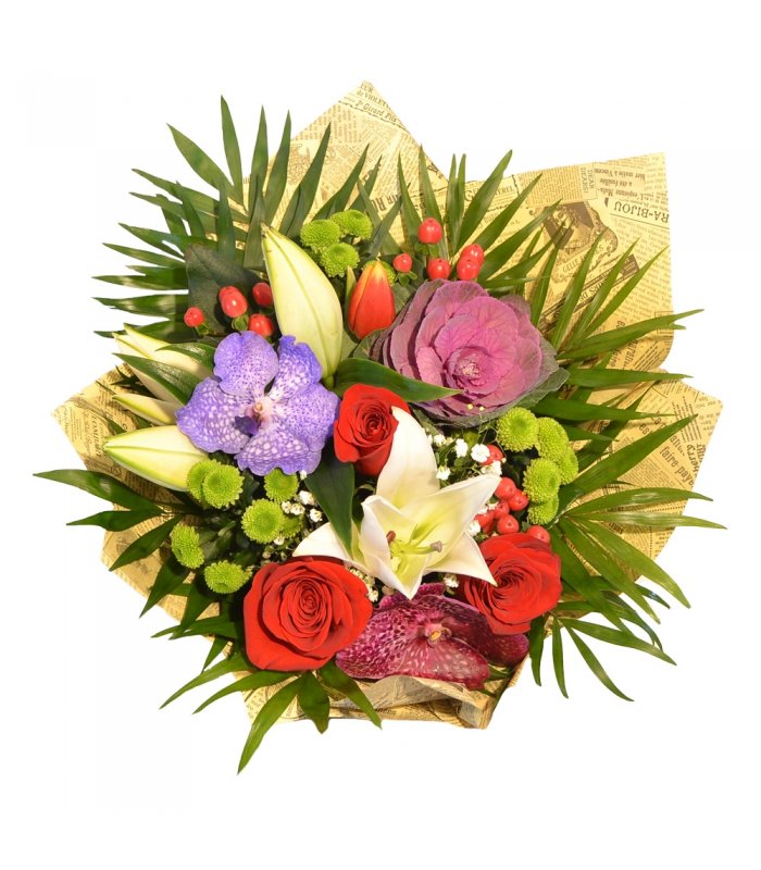 Buchet mixt colorat orhidee, crin, trandafir