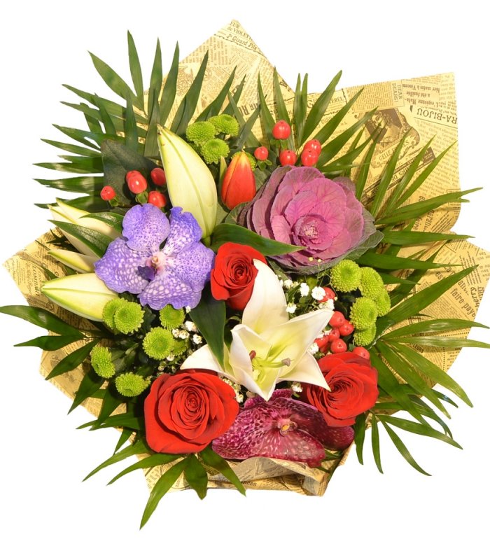 Buchet mixt colorat orhidee, crin, trandafir