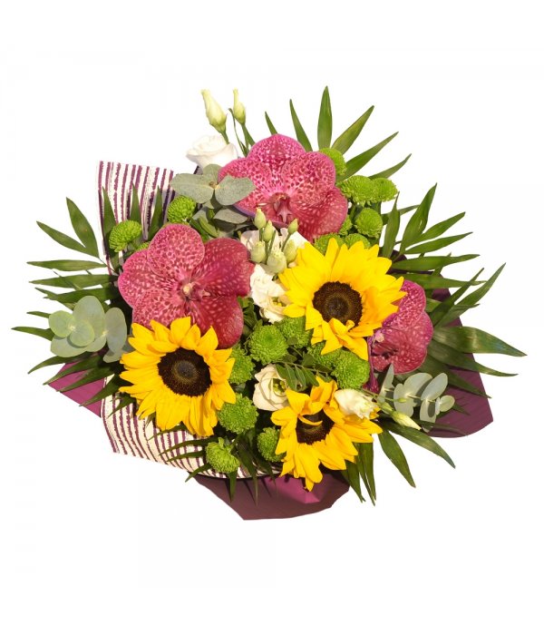 Buchet mixt orhidee si floare soarelui