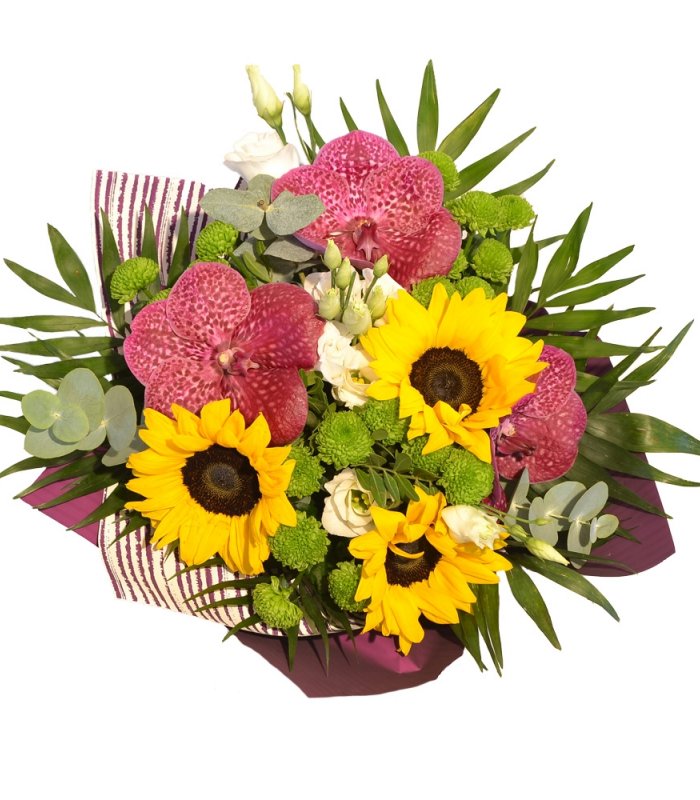 Buchet mixt orhidee si floare soarelui