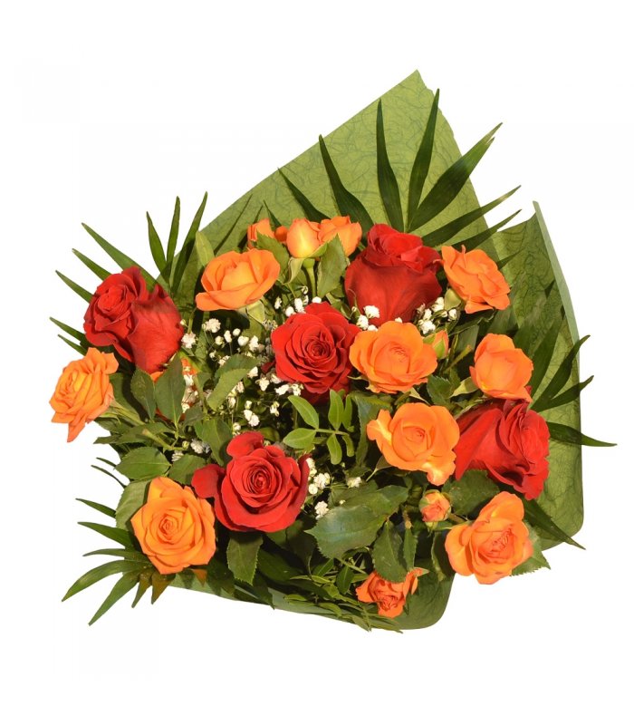 Buchet mixt trandafiri rosii si portocalii