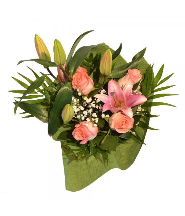 Buchet mixt trandafir cu crin roz