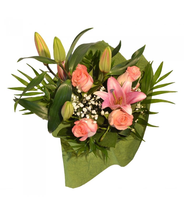 Buchet mixt trandafir cu crin roz