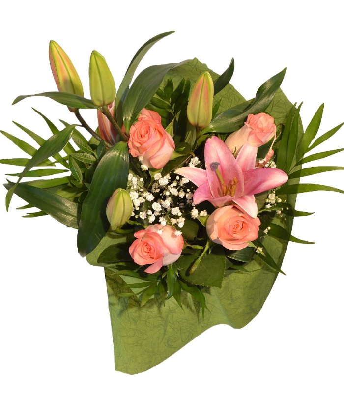 Buchet mixt trandafir cu crin roz