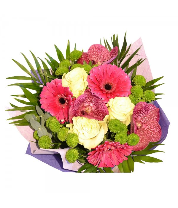 Buchet mixt gerbera si trandafiri albi