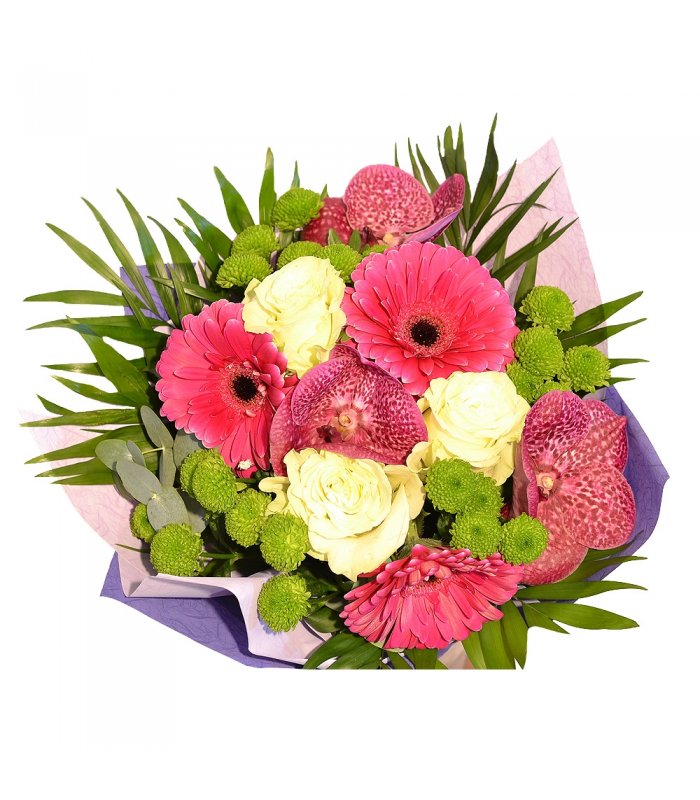 Buchet mixt gerbera si trandafiri albi