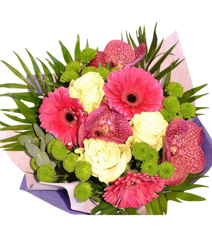 Buchet mixt gerbera si trandafiri albi